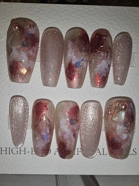 Press-On Nail Set – Rose Gold & Blush Marble Design